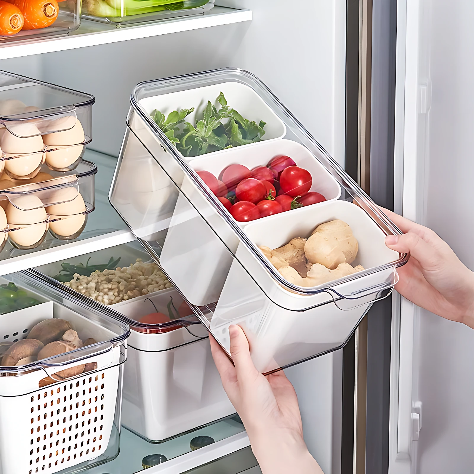 Organizador hermético de tres divisiones transparente con vegetales frescos, huevos y tubérculos en estante de refrigerador.