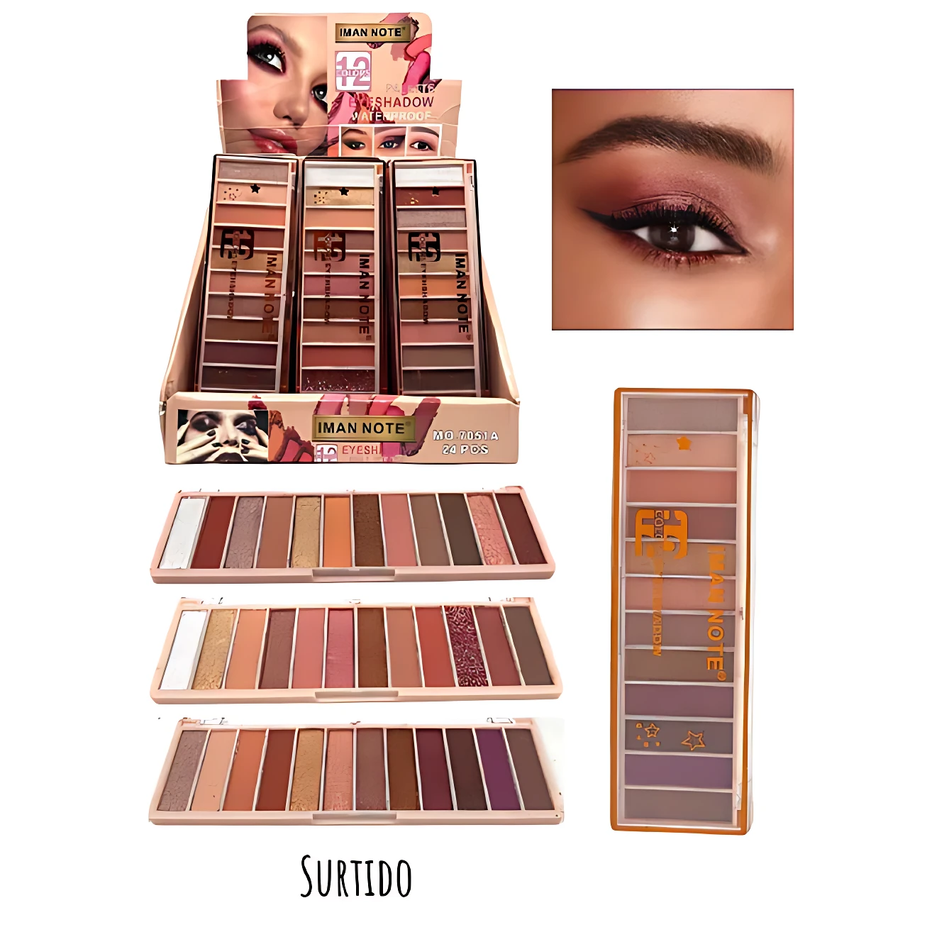 Paleta de sombras nude waterproof con 12 tonos, incluye muestra de aplicación en ojo y presentación en estantería con dos unidades visibles.