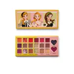 Paleta de sombras Girls Naked con 20 tonos, incluye de tres personajes en tapa y vista frontal de los colores.