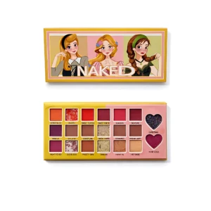 Paleta de sombras Girls Naked con 20 tonos, incluye de tres personajes en tapa y vista frontal de los colores.
