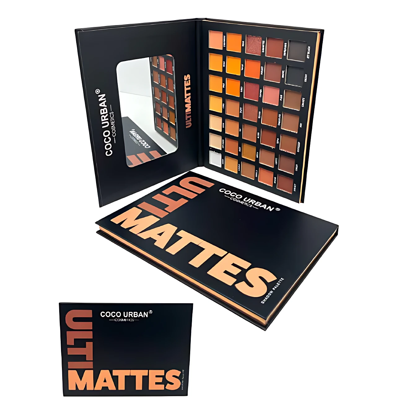Paleta de sombras Coco Urban Ulti-Mattes con 35 tonos en presentación abierta, mostrando espejo interior y paleta de colores en tonos cálidos y neutros.