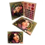 Paleta de sombras Yachan de Lime Crime con 36 tonos vibrantes, acabado mate y satinado, presentada en tres vistas: frontal, abierta y detalle del contenido.