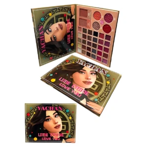 Paleta de sombras Yachan de Lime Crime con 36 tonos vibrantes, acabado mate y satinado, presentada en tres vistas: frontal, abierta y detalle del contenido.