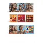 Paleta de sombras con arte tribal y nueve tonos cálidos, presentada en tres diseños distintos con ilustraciones de mujeres con tocados indígenas.