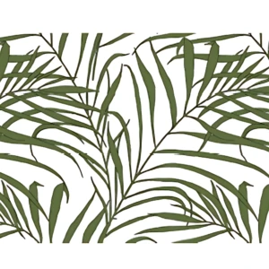 Papel adhesivo decorativo con patrón de hojas tropicales en verde sobre fondo blanco, diseño continuo para revestir paredes.