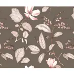 Papel adhesivo decorativo floral con flores y hojas en tonos rosados y beige sobre fondo gris, ideal para renovar paredes sin obras.