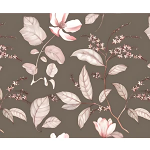 Papel adhesivo decorativo floral con flores y hojas en tonos rosados y beige sobre fondo gris, ideal para renovar paredes sin obras.