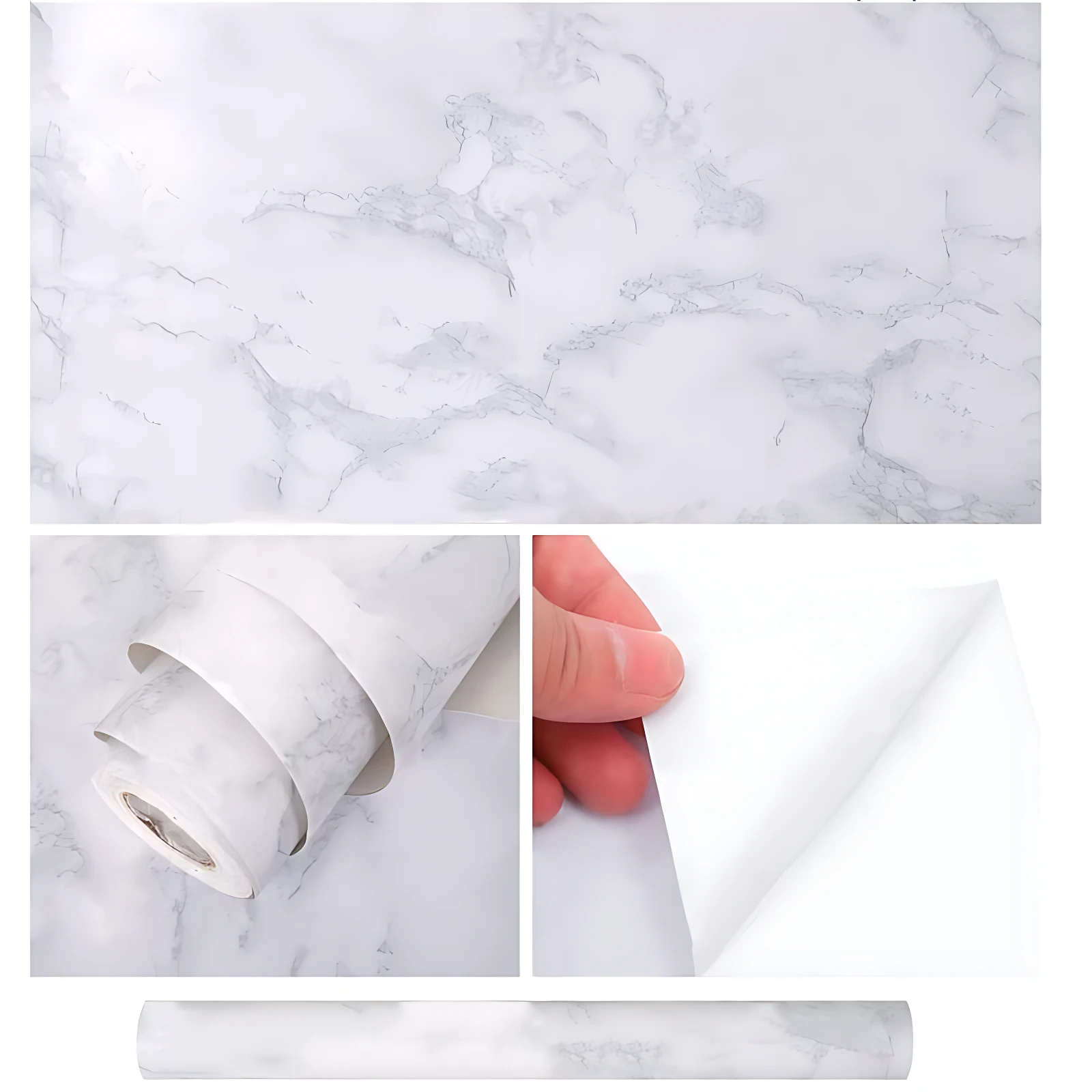 Papel adhesivo decorativo marmolado blanco con vetas grises, mostrando textura, aplicación y rollo completo.
