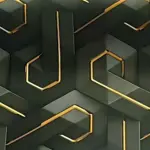 Papel adhesivo decorativo geométrico con patrón de hexágonos en tonos oscuros y detalles dorados, ideal para paredes modernas.