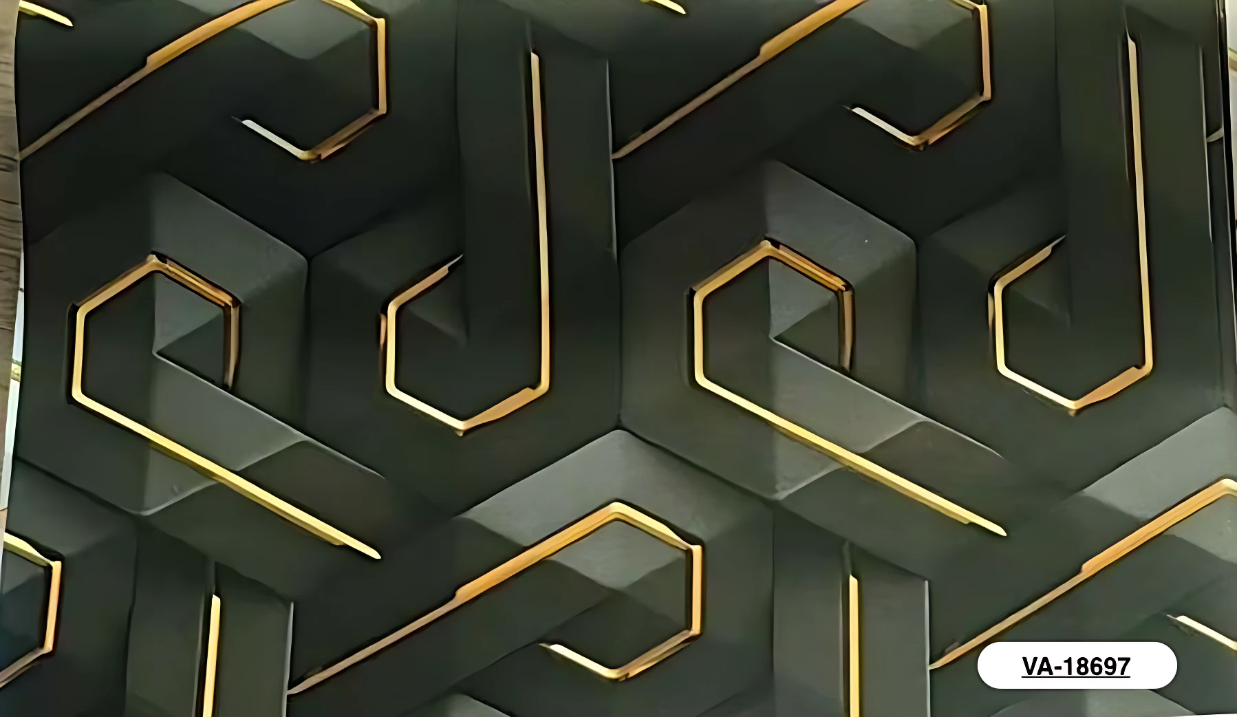 Papel adhesivo decorativo geométrico con patrón de hexágonos en tonos oscuros y detalles dorados, ideal para paredes modernas.