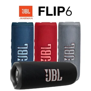 Cuatro parlantes JBL Flip 6 en colores azul, rojo, gris y negro, mostrando su diseño cilíndrico con textura de malla y logo frontal.