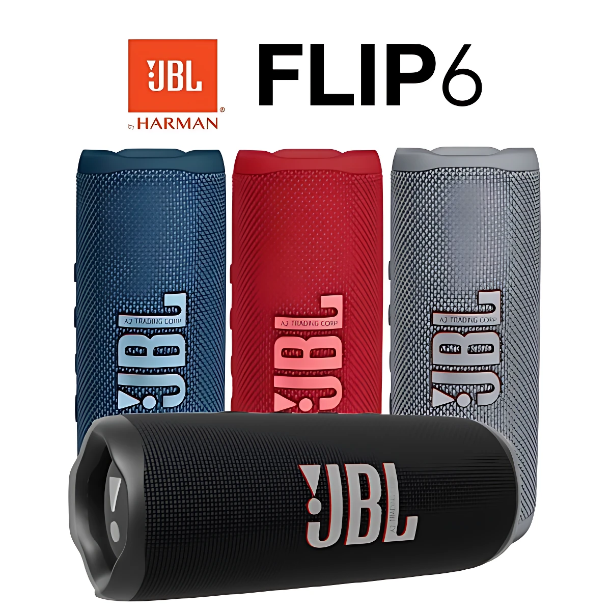 Cuatro parlantes JBL Flip 6 en colores azul, rojo, gris y negro, mostrando su diseño cilíndrico con textura de malla y logo frontal.