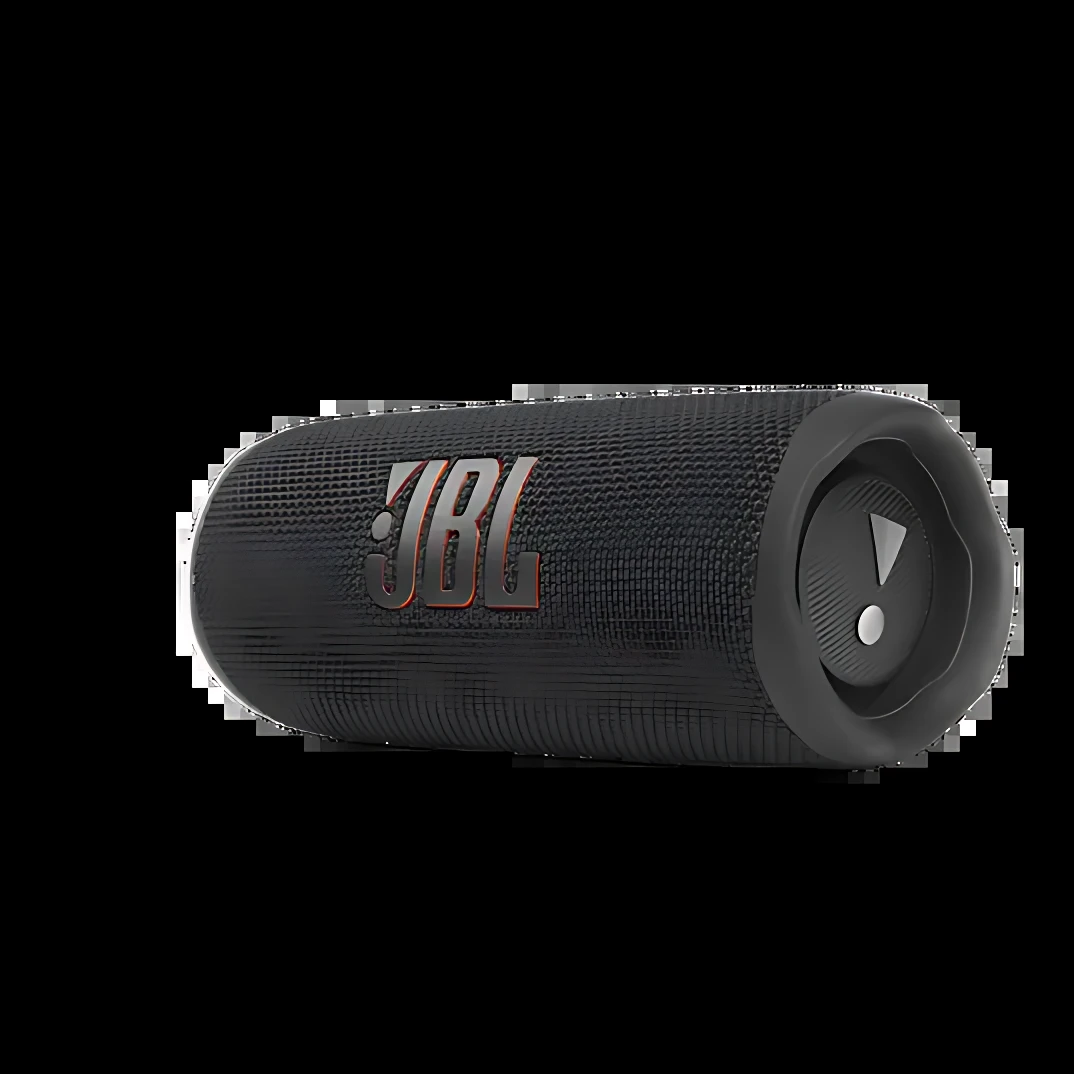 Parlante JBL Flip 6 negro con textura de rejilla, logo visible y control de volumen en extremo derecho, sobre fondo blanco.