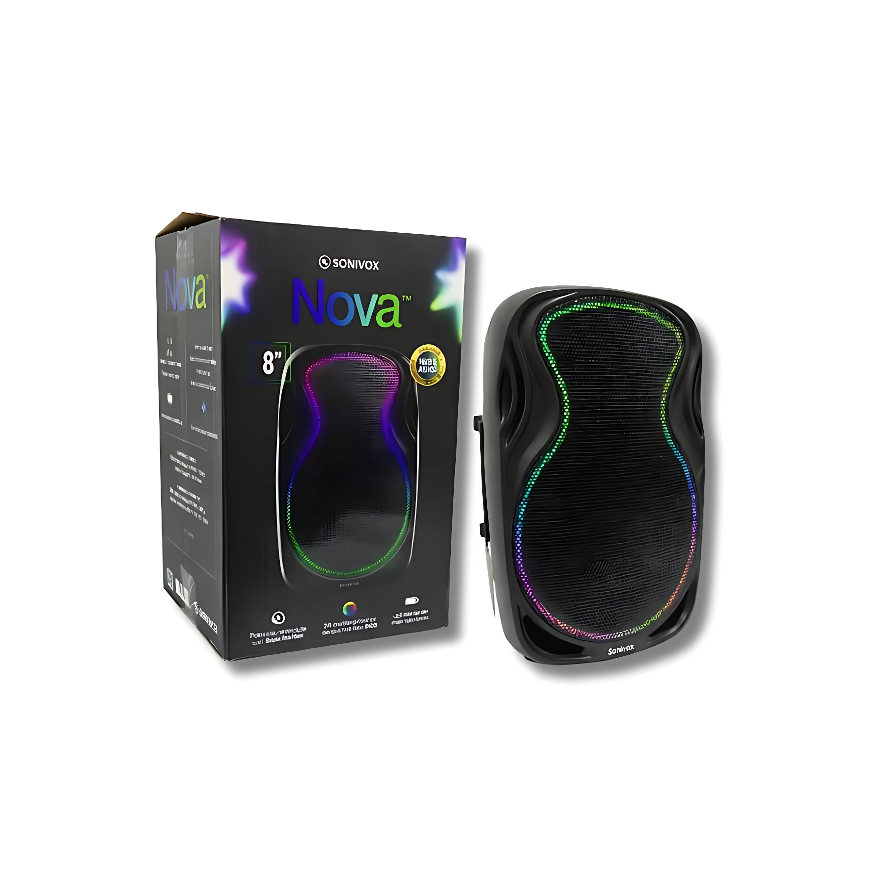 Parlante portátil Sonivox Nova de 8 pulgadas con luces RGB multicolor, caja y unidad visible.