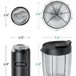 Pastillero portátil negro con tapa y seis compartimentos, dimensiones 3.6 pulgadas de diámetro y 5.0 pulgadas de altura, comparado con lata de 355 ml.