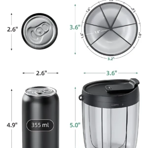 Pastillero portátil negro con tapa y seis compartimentos, dimensiones 3.6 pulgadas de diámetro y 5.0 pulgadas de altura, comparado con lata de 355 ml.