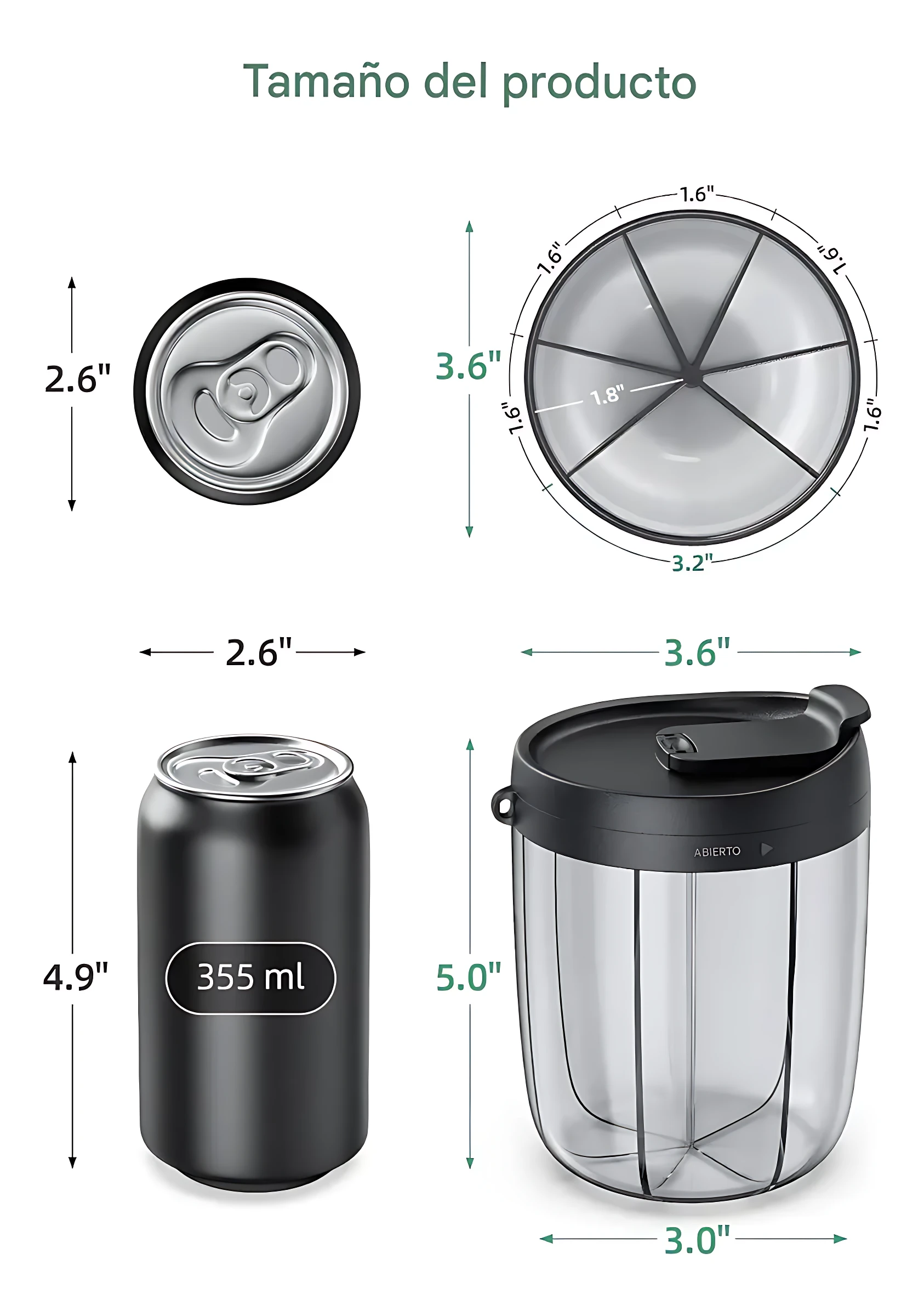 Pastillero portátil negro con tapa y seis compartimentos, dimensiones 3.6 pulgadas de diámetro y 5.0 pulgadas de altura, comparado con lata de 355 ml.