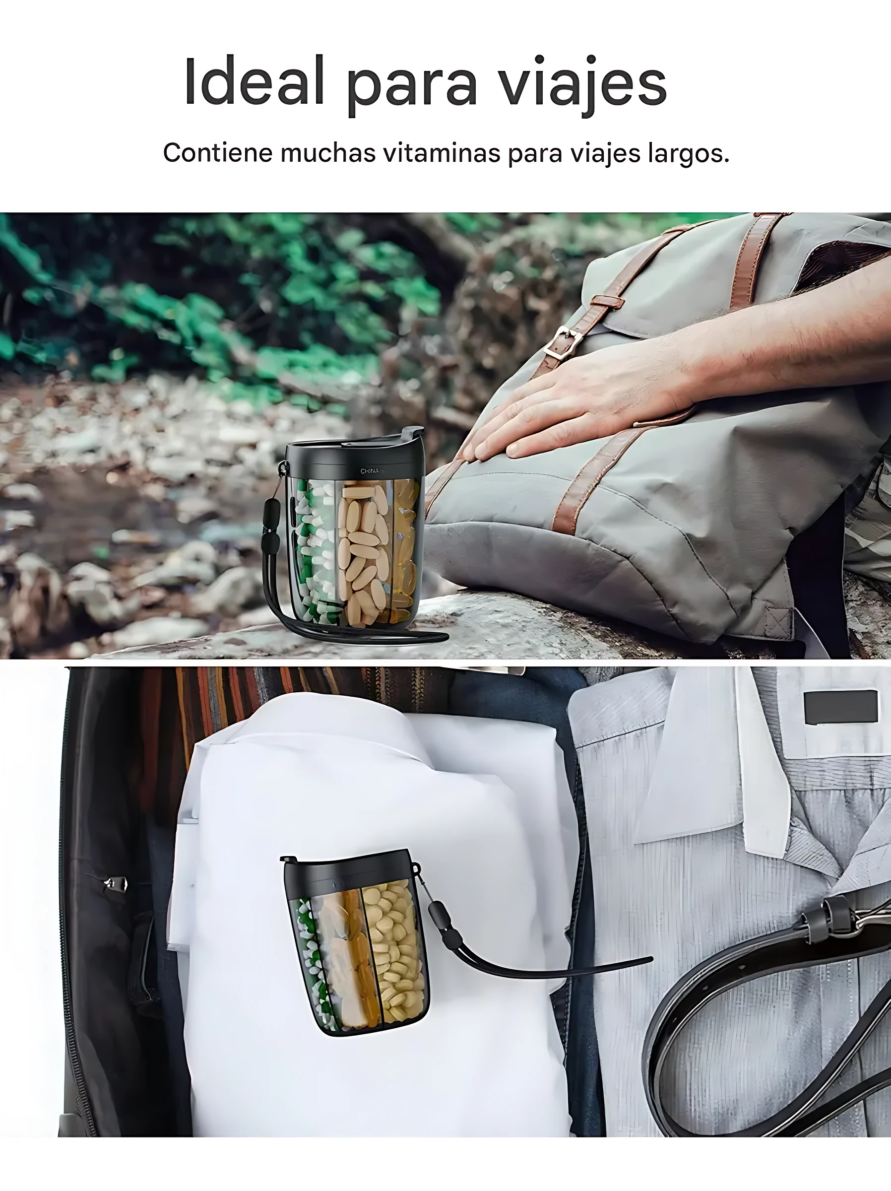Pastillero portátil negro con seis compartimentos, mostrando pastillas y cápsulas en su interior, colocado sobre ropa blanca dentro de una maleta abierta.