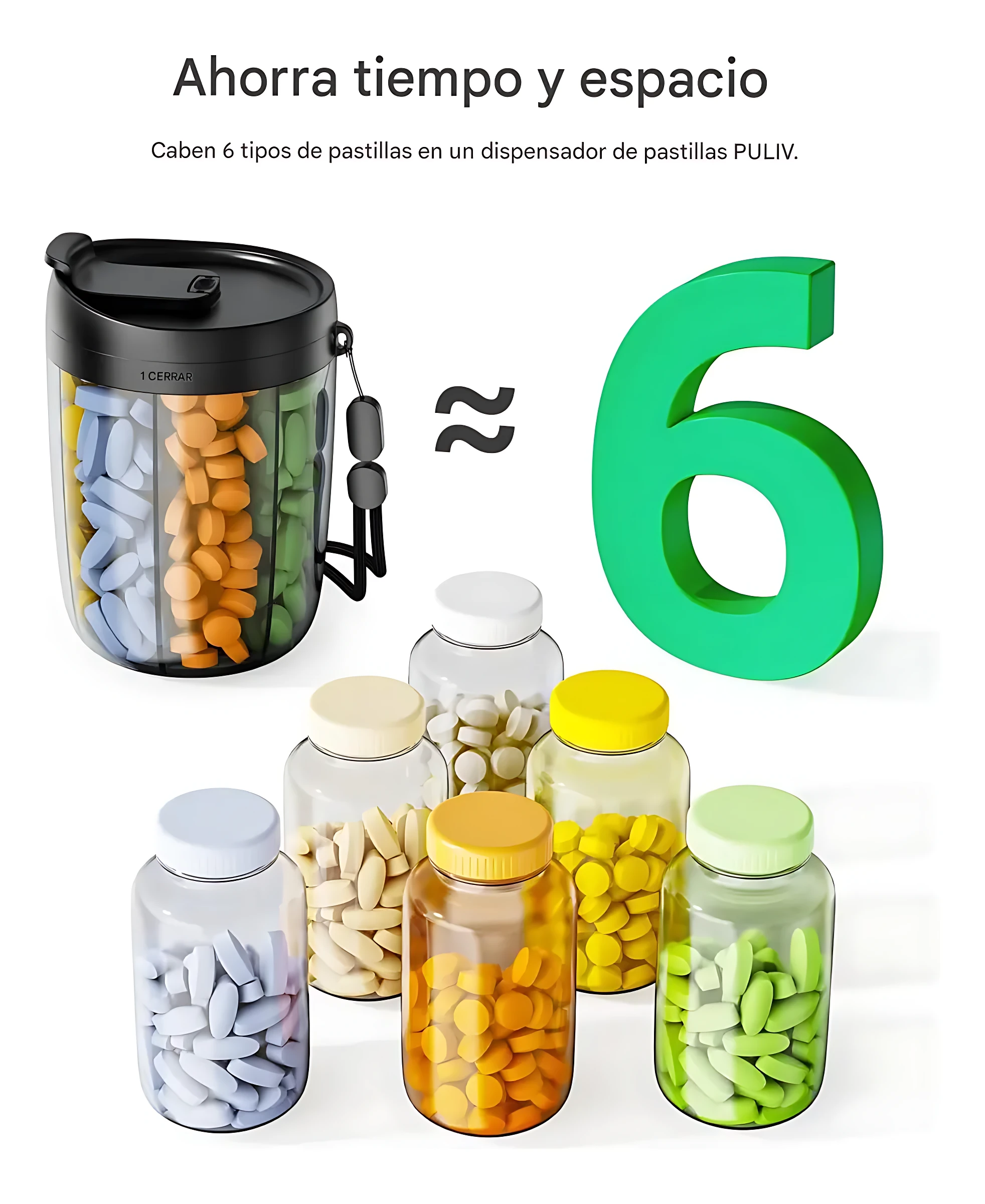 Dispensador de pastillas portátil con tapa negra y asa, mostrando seis compartimentos internos con cápsulas de colores variados. Equivalente a seis frascos individuales de medicinas.