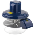 Pelador eléctrico inalámbrico azul con tapa transparente y cuchillas internas visibles, diseñado para pelar frutas y verduras de forma segura y eficiente.