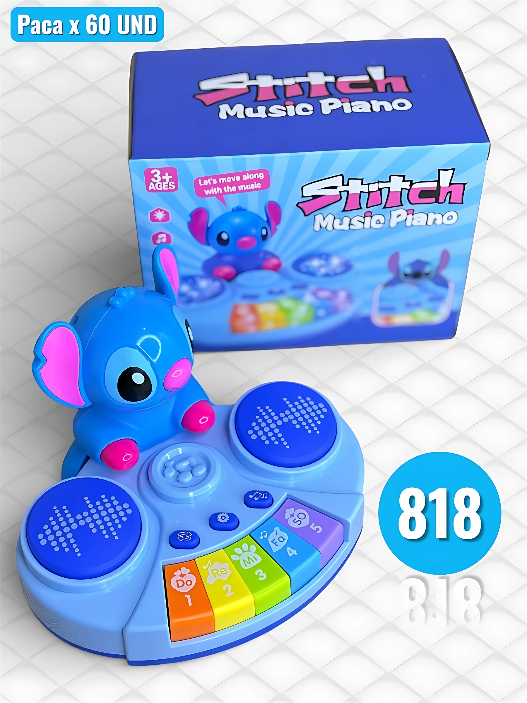 Piano musical educativo con figura de Stitch en azul, teclas de colores y botones de control, presentado junto a su caja original.