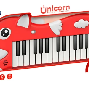 Teclado electrónico infantil rojo con diseño de unicornio, 32 teclas blancas y negras, detalles en blanco y nubes, incluye caja y accesorios.