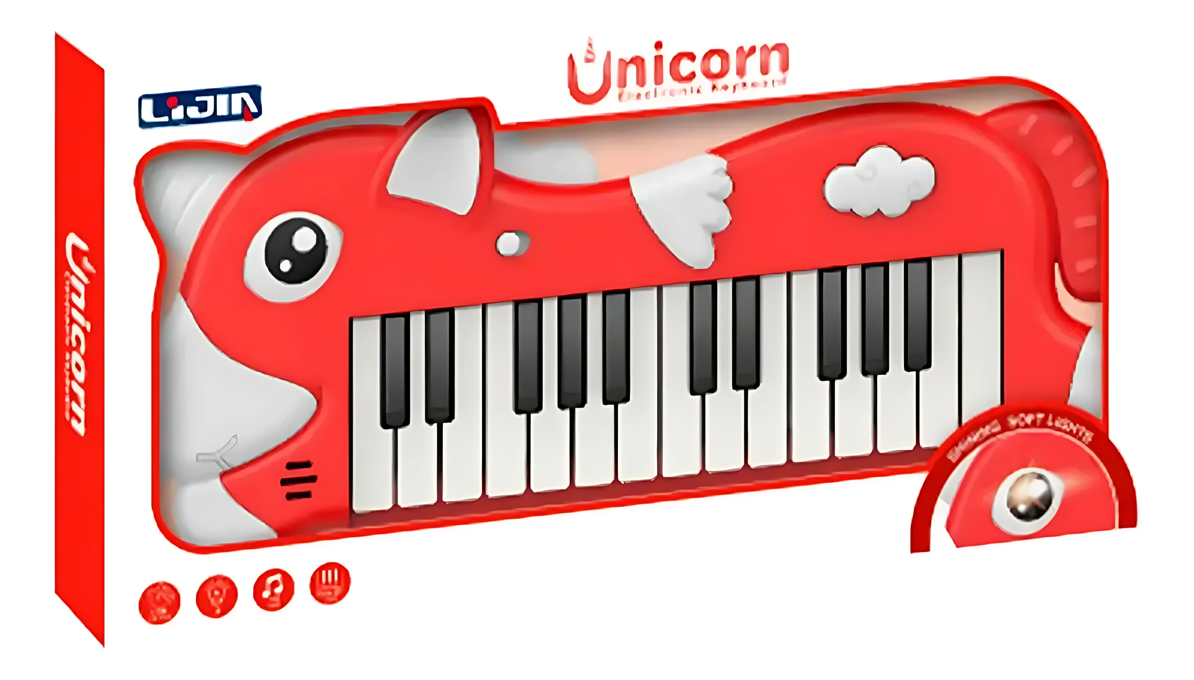 Teclado electrónico infantil rojo con diseño de unicornio, 32 teclas blancas y negras, detalles en blanco y nubes, incluye caja y accesorios.
