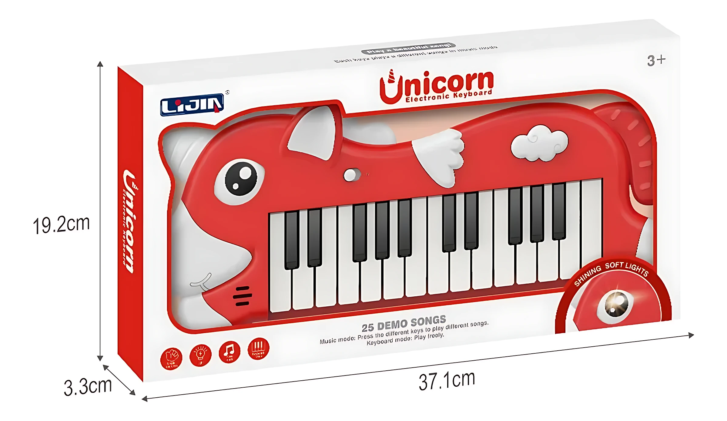 Teclado electrónico infantil rojo con diseño de unicornio, 32 teclas, caja de 37,1 cm x 19,2 cm x 3,3 cm, incluye luces y sonidos.