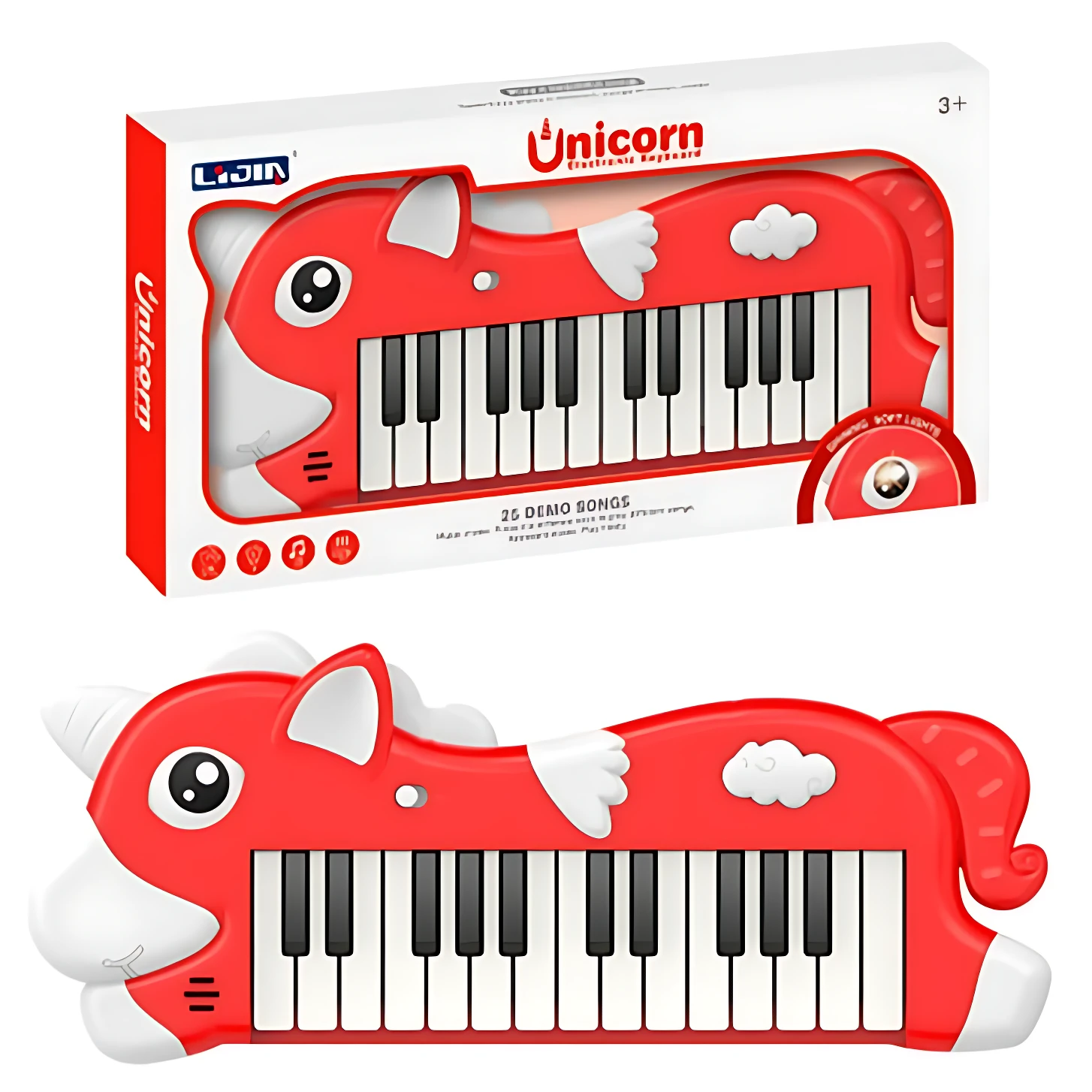 Teclado electrónico infantil rojo con diseño de unicornio, 32 teclas blancas y negras, caja con del producto y detalles como nubes y orejas.