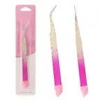 Dos pinzas de manicura con mango degradado rosa y dorado, punta curva para colocar gemas; una en empaque rosa con texto "Premium Quality", las otras dos sueltas al lado.