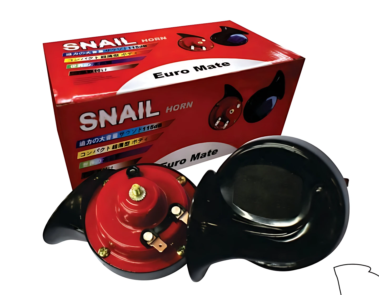 Pito corneta rojo y negro con caja SNAIL HORN Euro Mate, mostrando unidad desarmada y carcasa frontal.