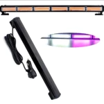 Barra LED Raptor de 18 pulgadas con luces estroboscópicas en naranja, blanco y morado; incluye cable de alimentación y adaptador de encendedor.