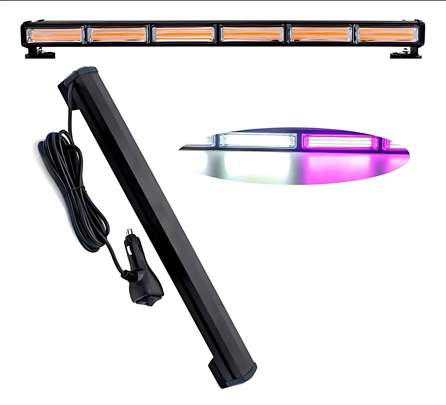 Barra LED Raptor de 18 pulgadas con luces estroboscópicas en naranja, blanco y morado; incluye cable de alimentación y adaptador de encendedor.