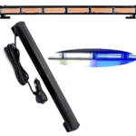 Barra LED Raptor de 18 pulgadas con luces estroboscópicas azules y naranjas, incluye cable de alimentación y conector de encendido.