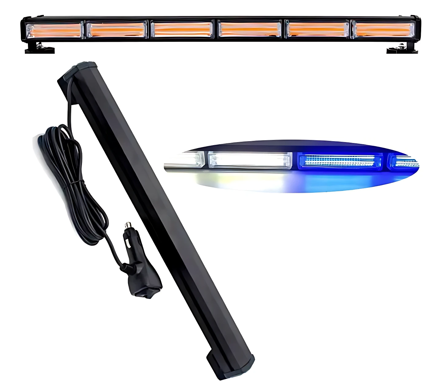 Barra LED Raptor de 18 pulgadas con luces estroboscópicas azules y naranjas, incluye cable de alimentación y conector de encendido.