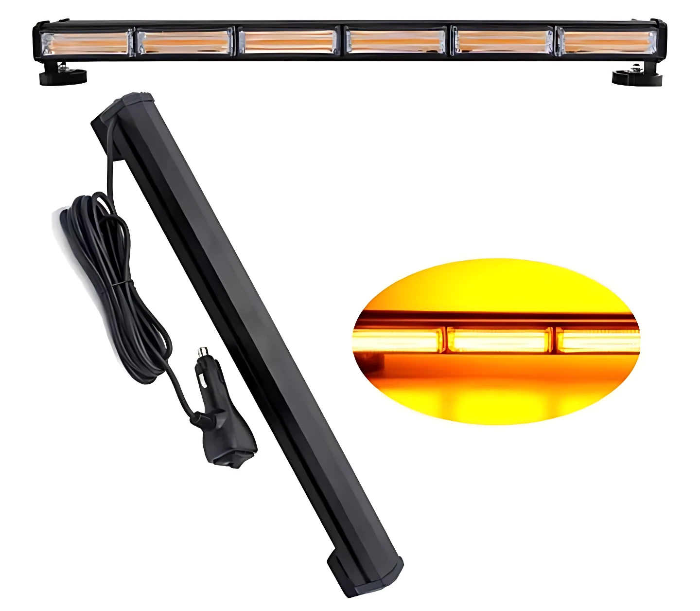 Barra LED Raptor de 18 pulgadas con luces estroboscópicas amarillas, incluye cable y enchufe para vehículo.