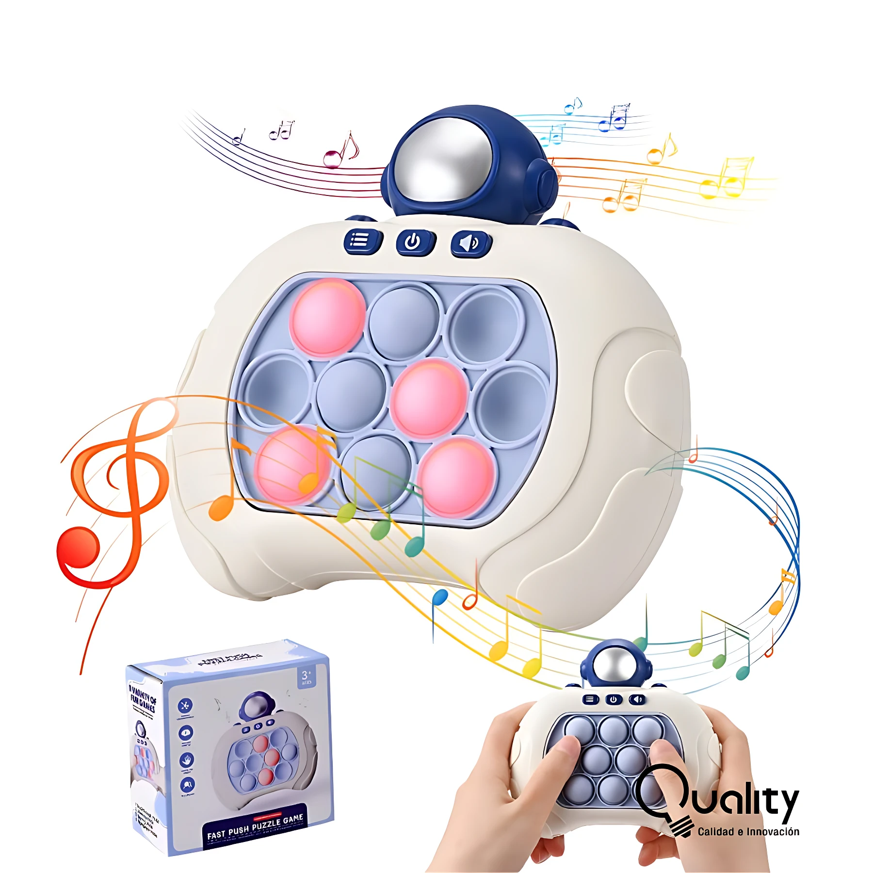 Juego electrónico Pop It con luces y sonidos, diseño ergonómico en blanco y azul, incluye botones de control y esfera central, ideal para aliviar estrés y mejorar coordinación motora.