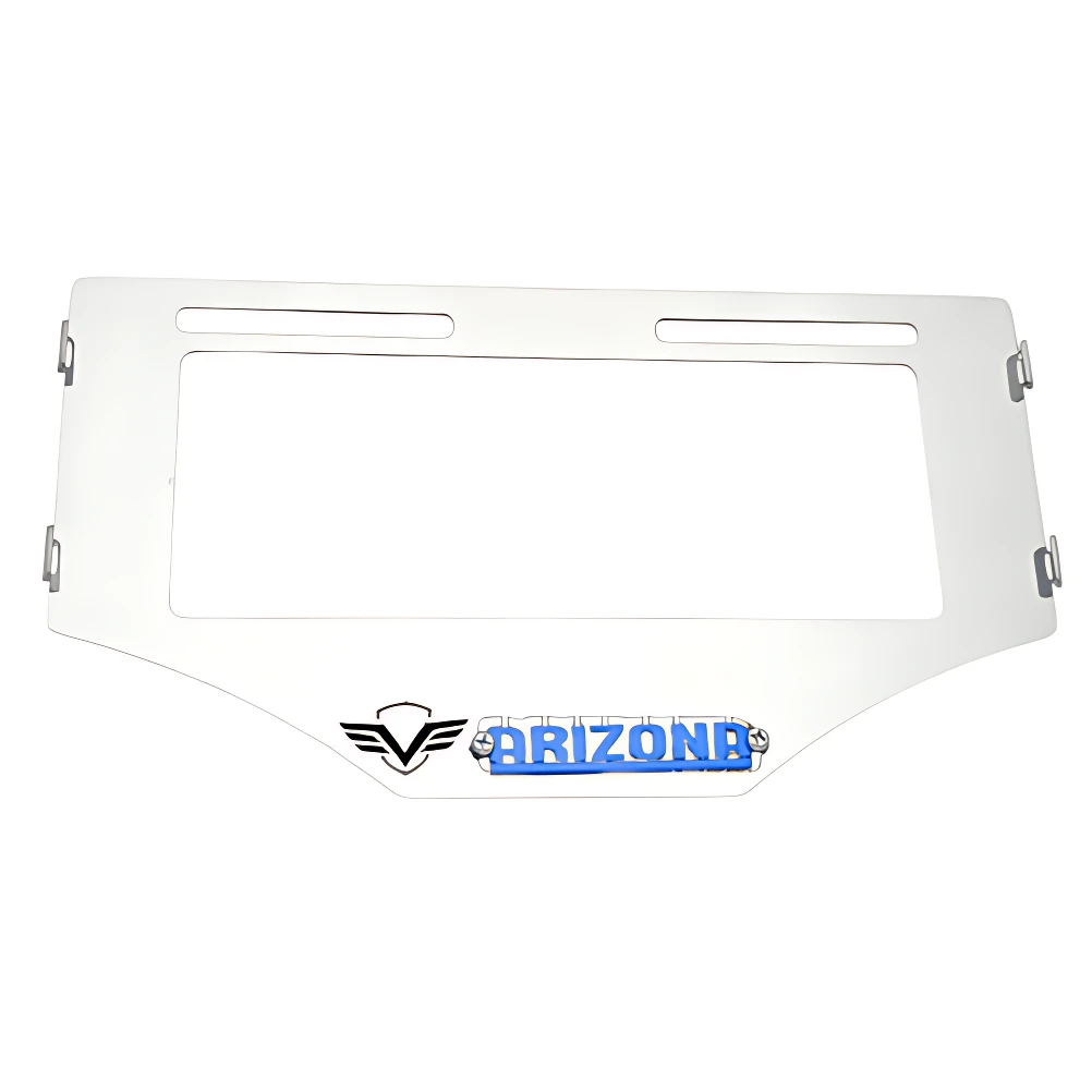 Porta placa Arizona 3D en acero inoxidable, con acabado metálico brillante y logotipo azul y negro en la parte inferior.