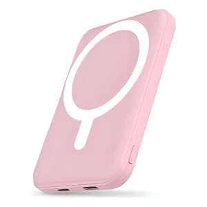 Powerbank magnético rosa con símbolo de carga inalámbrica, diseñado para iPhone 12 y posteriores.