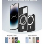 Powerbank magnético compatible con iPhone 12 y posteriores, mostrando tres vistas del dispositivo: frontal con pantalla, lateral con anillo magnético y trasera con logo. Incluye de casos magnéticos y no magnéticos, con indicador de compatibilidad.