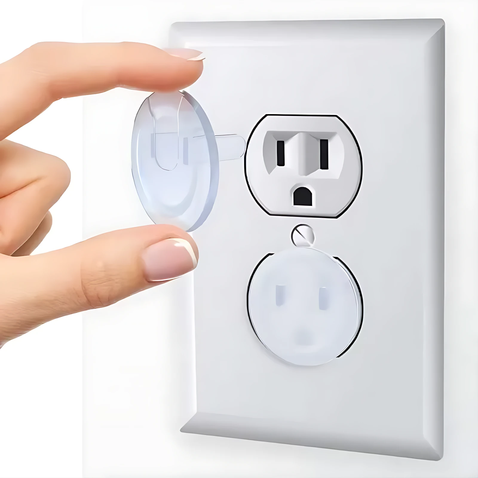 Tapón protector enchufe transparente, mano instalando tapa redonda sobre toma de corriente blanca, diseño discreto para seguridad infantil.