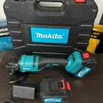 Pulidora angular inalámbrica Makita de 128V, color turquesa y negro, con batería, cargador y estuche de transporte.