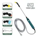 Pulverizador eléctrico portátil con manguera de 5 metros, incluye boquillas ajustables, en forma de abanico y de seis ojos, además de cable de carga.