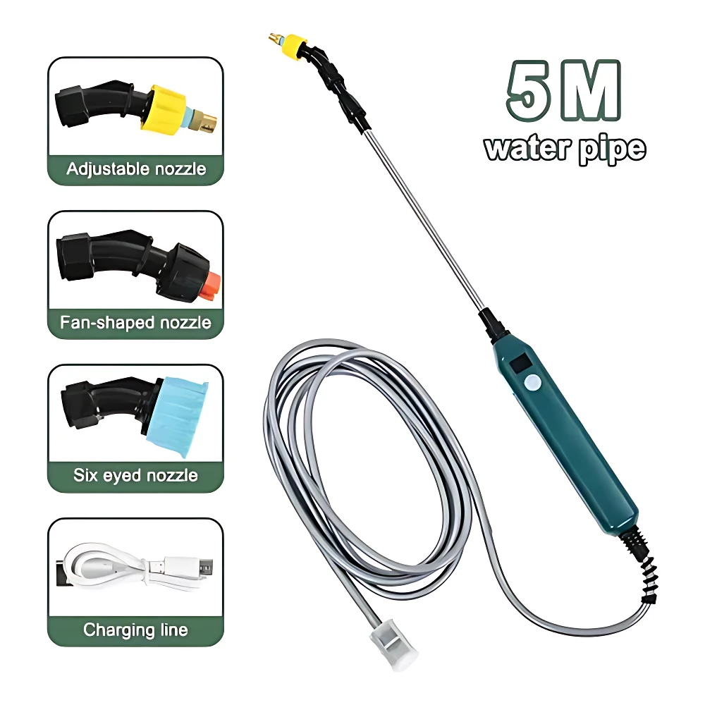 Pulverizador eléctrico portátil con manguera de 5 metros, incluye boquillas ajustables, en forma de abanico y de seis ojos, además de cable de carga.