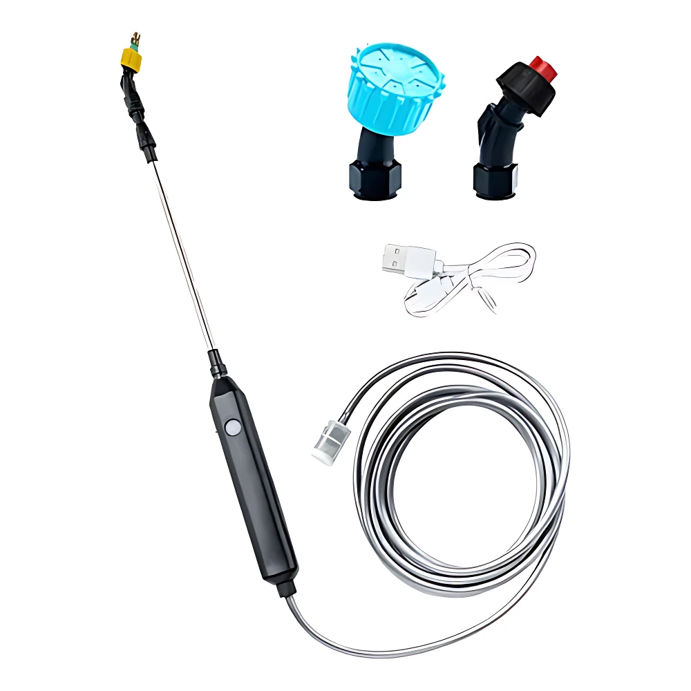 Pulverizador eléctrico portátil con botella estándar, incluye manguera enrollada, boquilla ajustable y accesorios para limpieza de vehículos y exteriores.