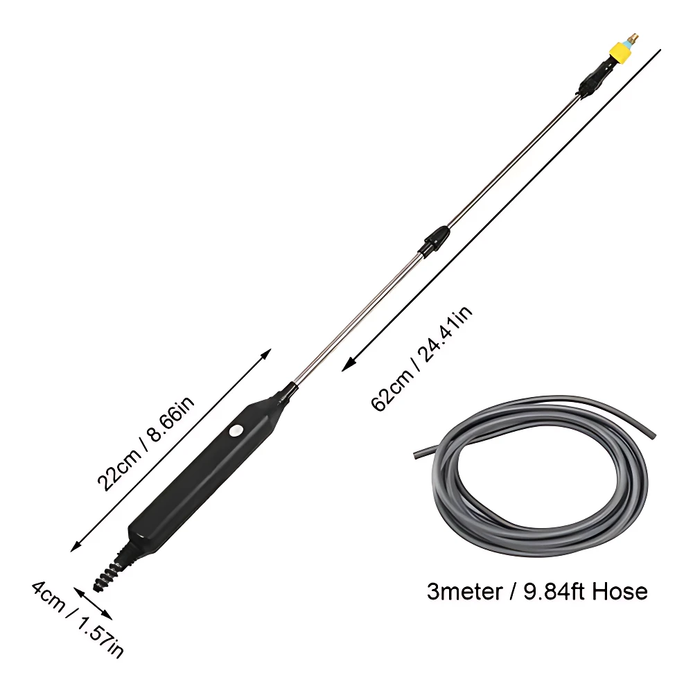 Pulverizador eléctrico portátil con mango negro y manguera de 3 metros, ideal para limpieza de vehículos y exteriores sin necesidad de manguera.