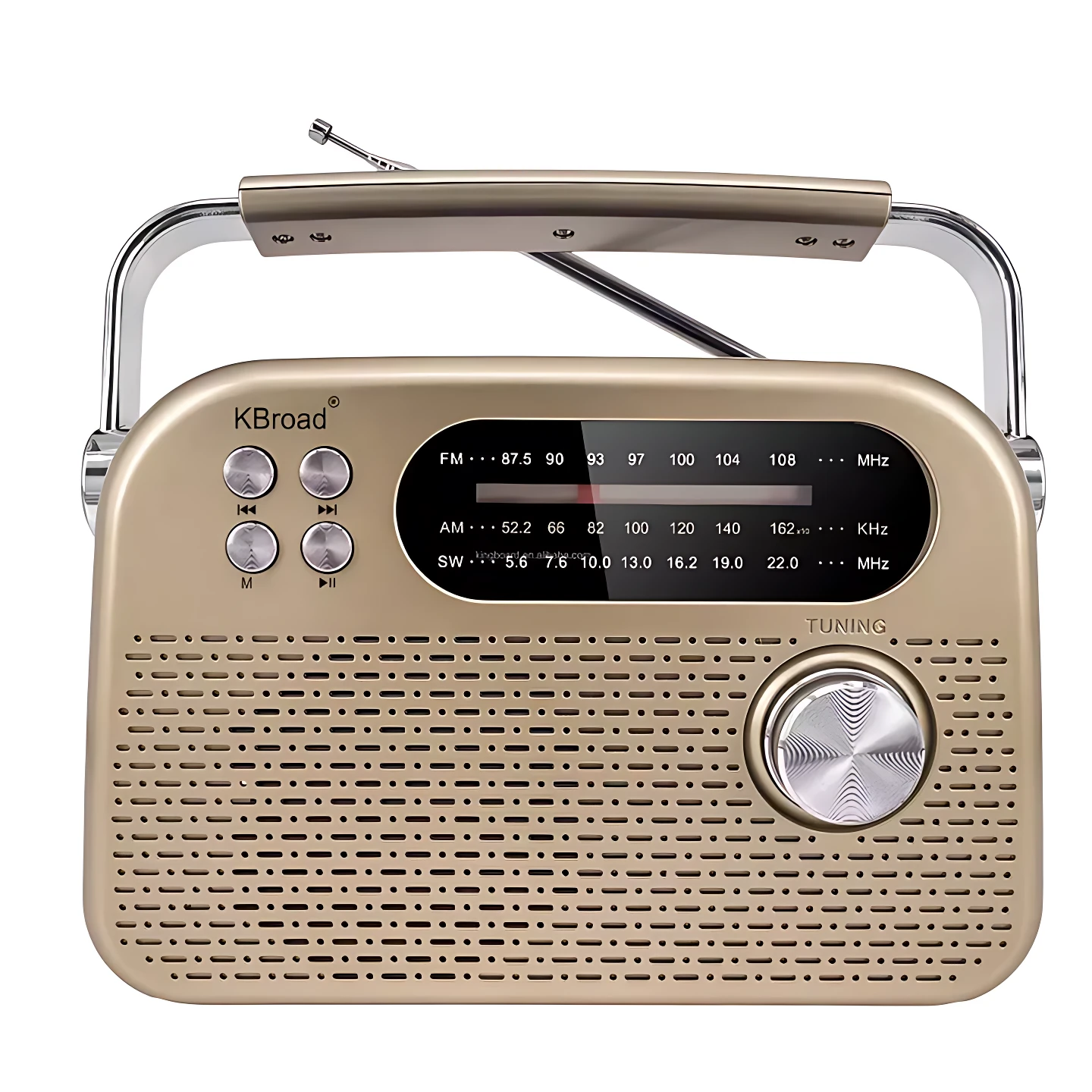 Radio parlante analógico color dorado con diseño vintage, sintonizador manual, antena telescópica, asa superior y botones de control frontal.