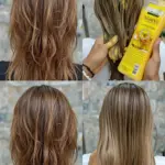 Cuatro vistas de cabello con tratamiento de recuperación capilar: textura ondulada, aplicación de producto amarillo, resultado final liso y brillante.