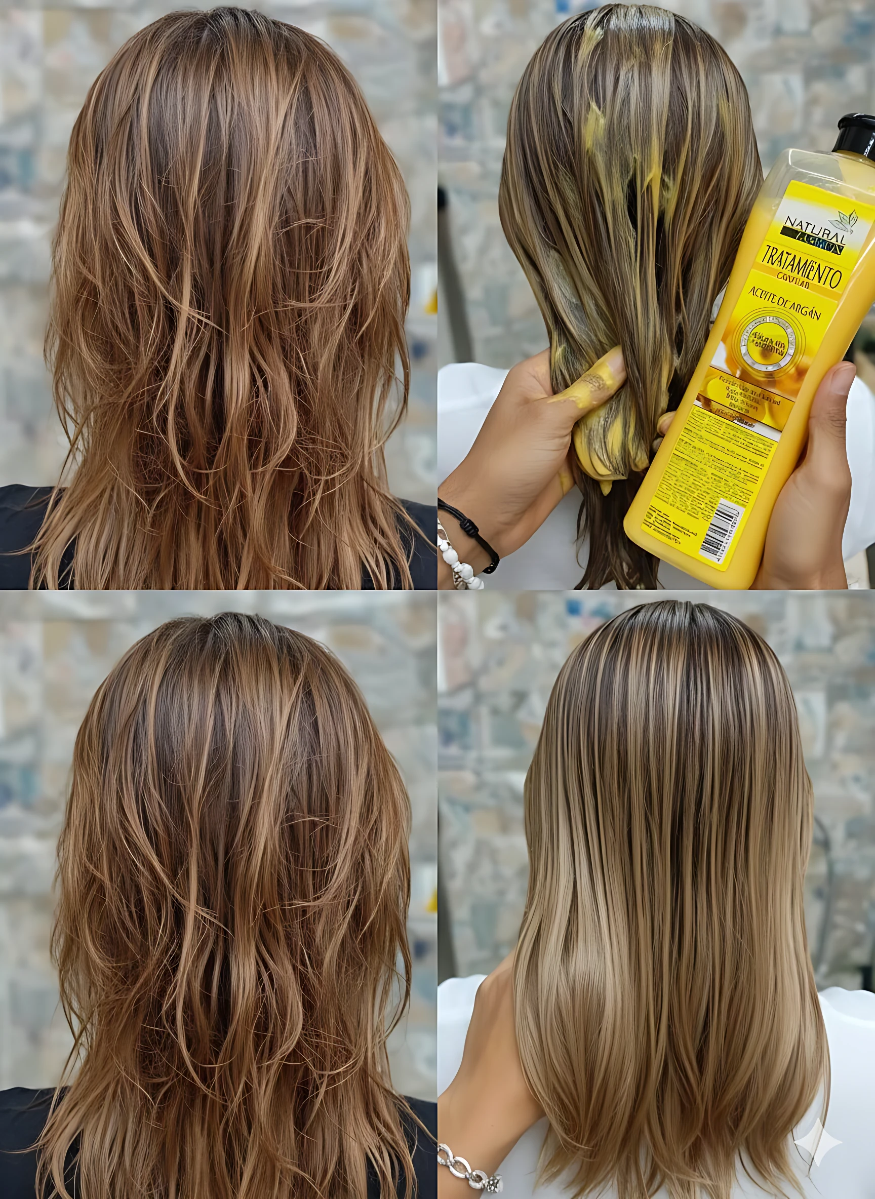 Cuatro vistas de cabello con tratamiento de recuperación capilar: textura ondulada, aplicación de producto amarillo, resultado final liso y brillante.