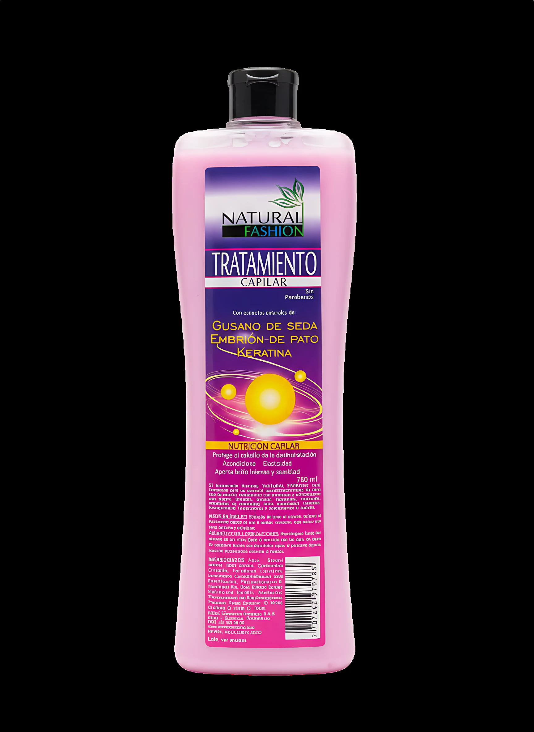 Botella rosa de 750 ml de tratamiento capilar con keratina y argán, etiqueta con diseño de sol y espirales, fondo negro.